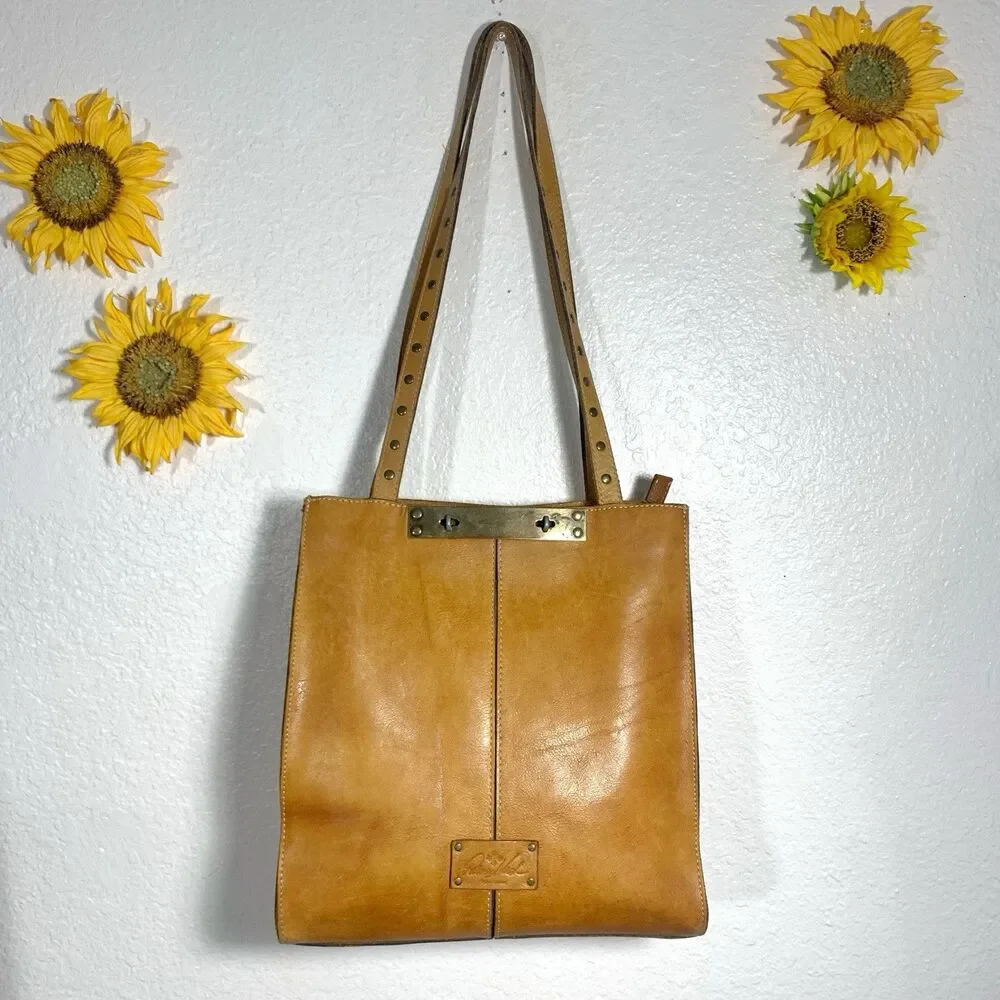 Patricia Nash Cognac Leather Studded Strap Turn Lock Women’s Shoulder Bag Purse